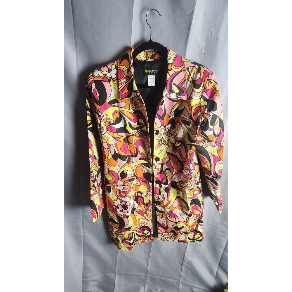 Metrostyle Stretch Floral Psychedelic Blazer Jacket Multi Color Size 8 Retro Mod
